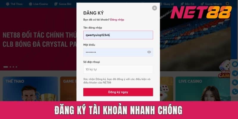 Đăng ký tài khoản Net88 nhanh chóng